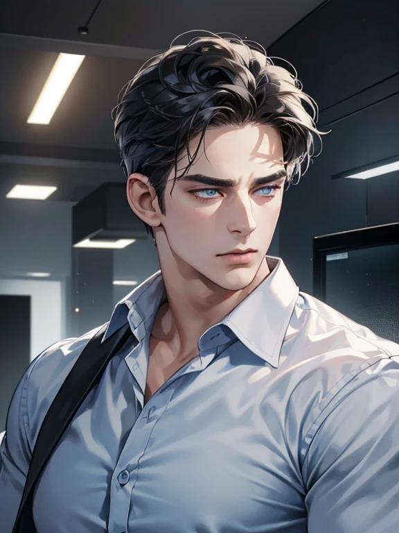 (best quality, masterpiece, 8K, photorealistic, cinematic lighting, hdr image, ultra detailed, beautiful image), 1 man, 31 years old, mature man, very handsome, (without expression, serious), short black hair, blue eyes ( penetrating gaze), imposing posture, businessman, office background