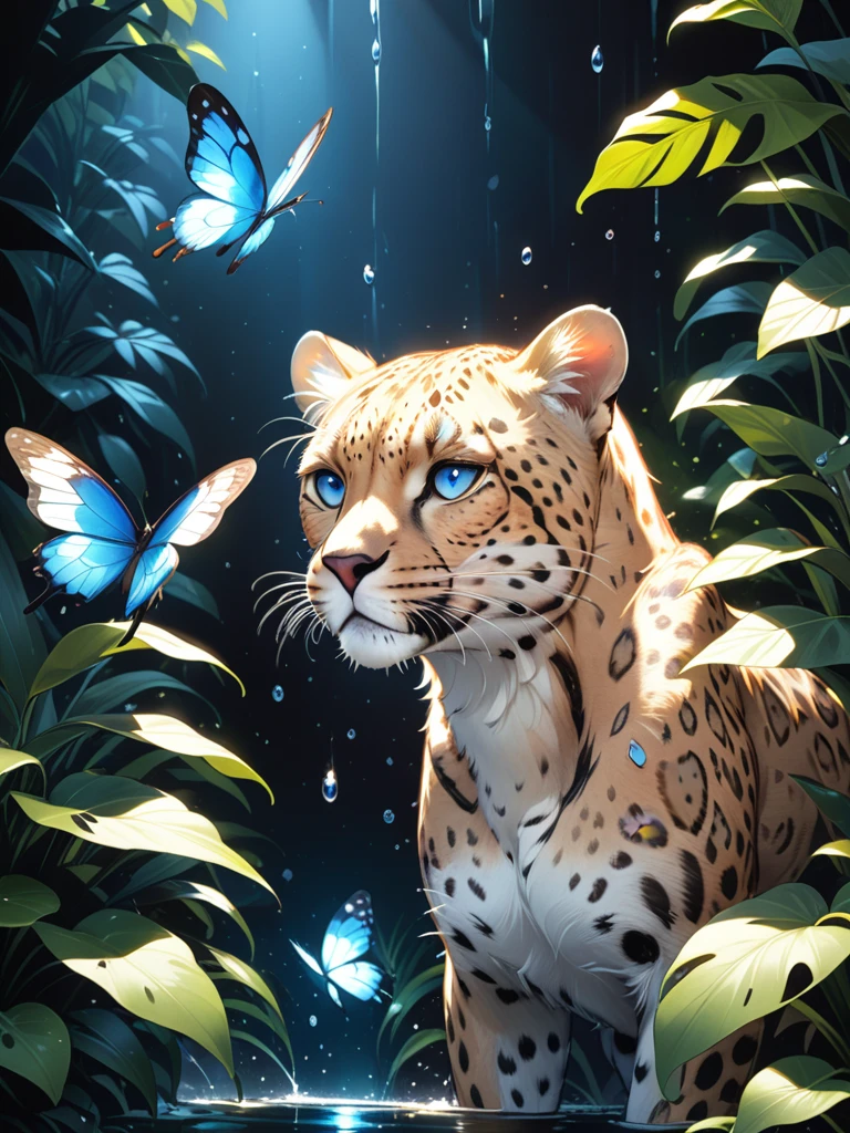 Lush plants,Cheetah descends from the jungle ,1 leopard,Orange glare,black and white,Dark background,photoPractical,Practical,high quality,high resolution,Extremely detailed,masterpiece,工作室light,light,戏剧light,Blue glowing butterfly,Water drops on leaves