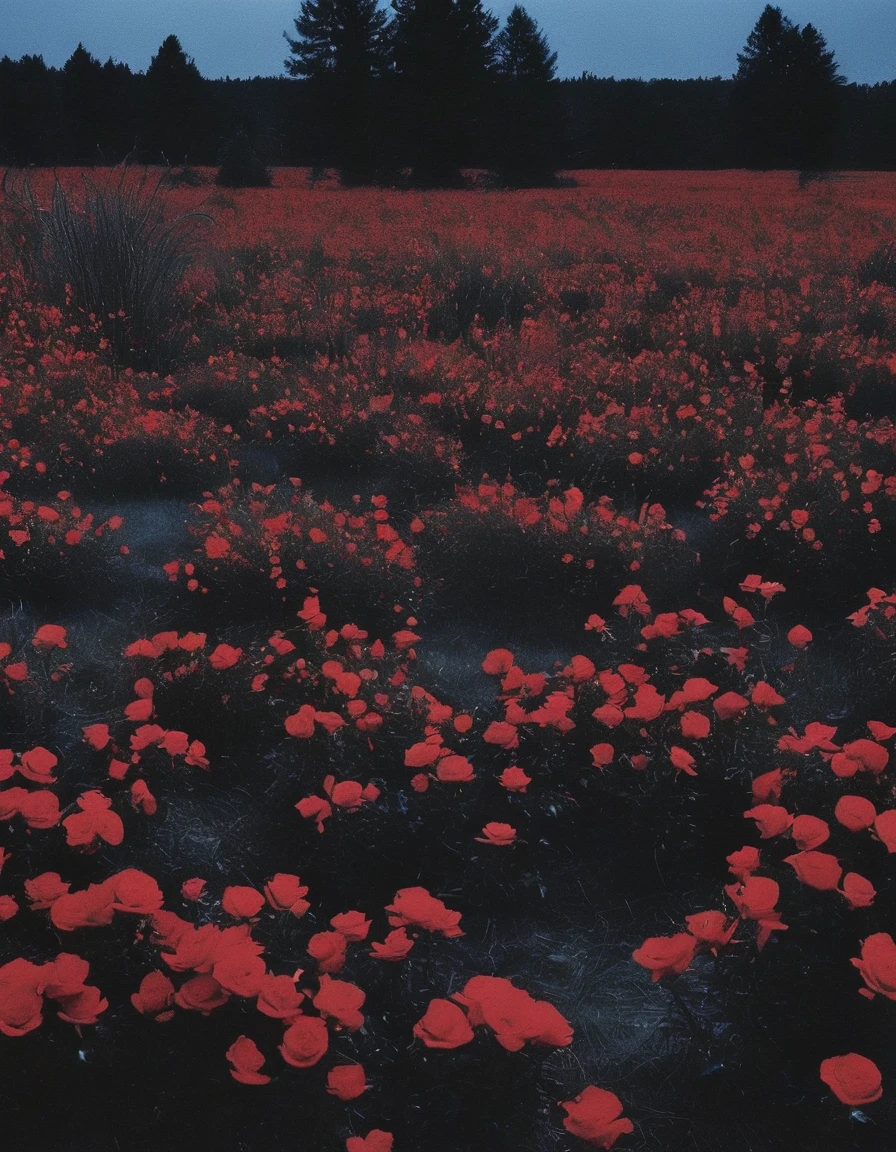 film photography, vintage, long view of red roses field with many small black horror creatures , blue dark forest night background