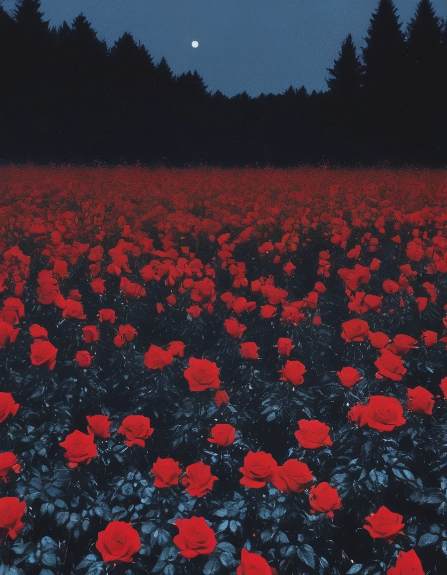 film photography, vintage, long view of red roses field with many small black horror creatures , blue dark forest night background