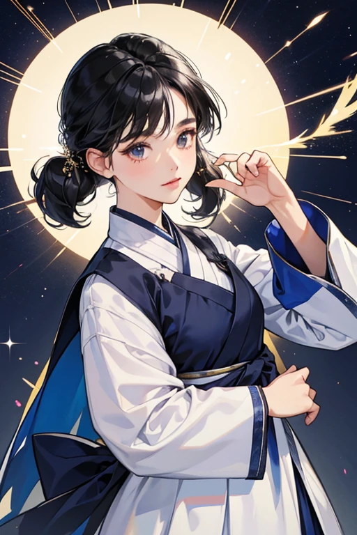 she has short black hair, with a flyaway curl on the right side of her head. The curl is often drawn with a face in the middle, to represent her "Korean spirit". sHe dresses in a white and navy blue hanbok with long oversized sleeves, SPARKLE; GLITTER