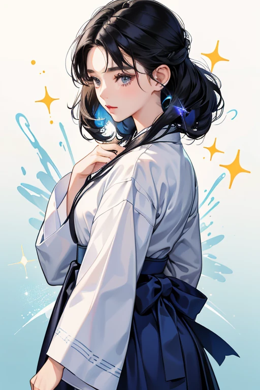 she has short black hair, with a flyaway curl on the right side of her head. The curl is often drawn with a face in the middle, to represent her "Korean spirit". sHe dresses in a white and navy blue hanbok with long oversized sleeves, SPARKLE; GLITTER