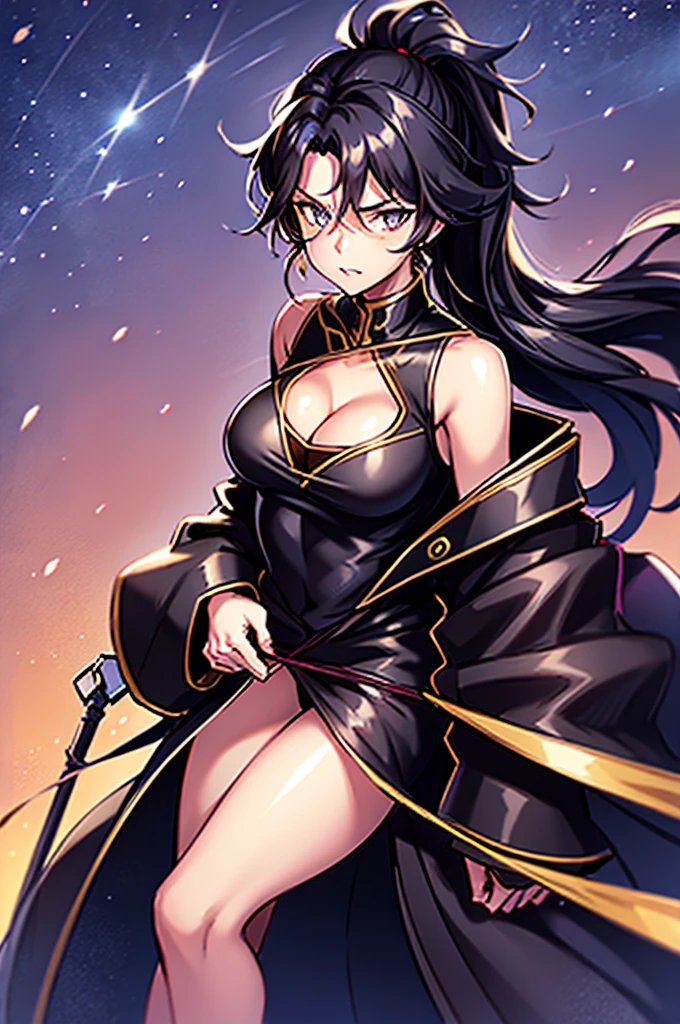 ((solo)), (super detailed), night sky, desert, black hair, ponytail, long hair, tied hair, hair sticks, dark blue eyes, scoff, prideful, white coat, black kimono, open coat, ((cleavage)), displayed cleavage, wearing red ropes, shibani, medium breasts, adult, mature woman