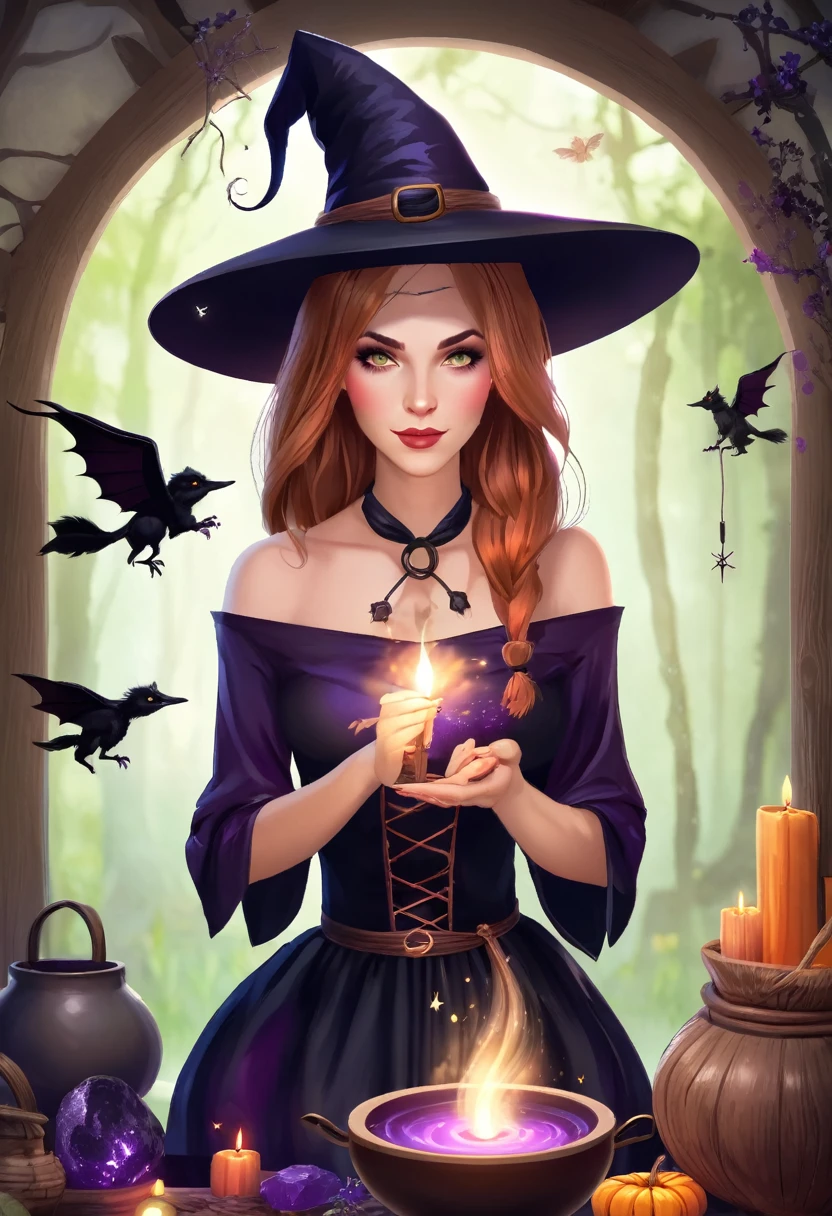 Beautiful witch girl making witchcraft