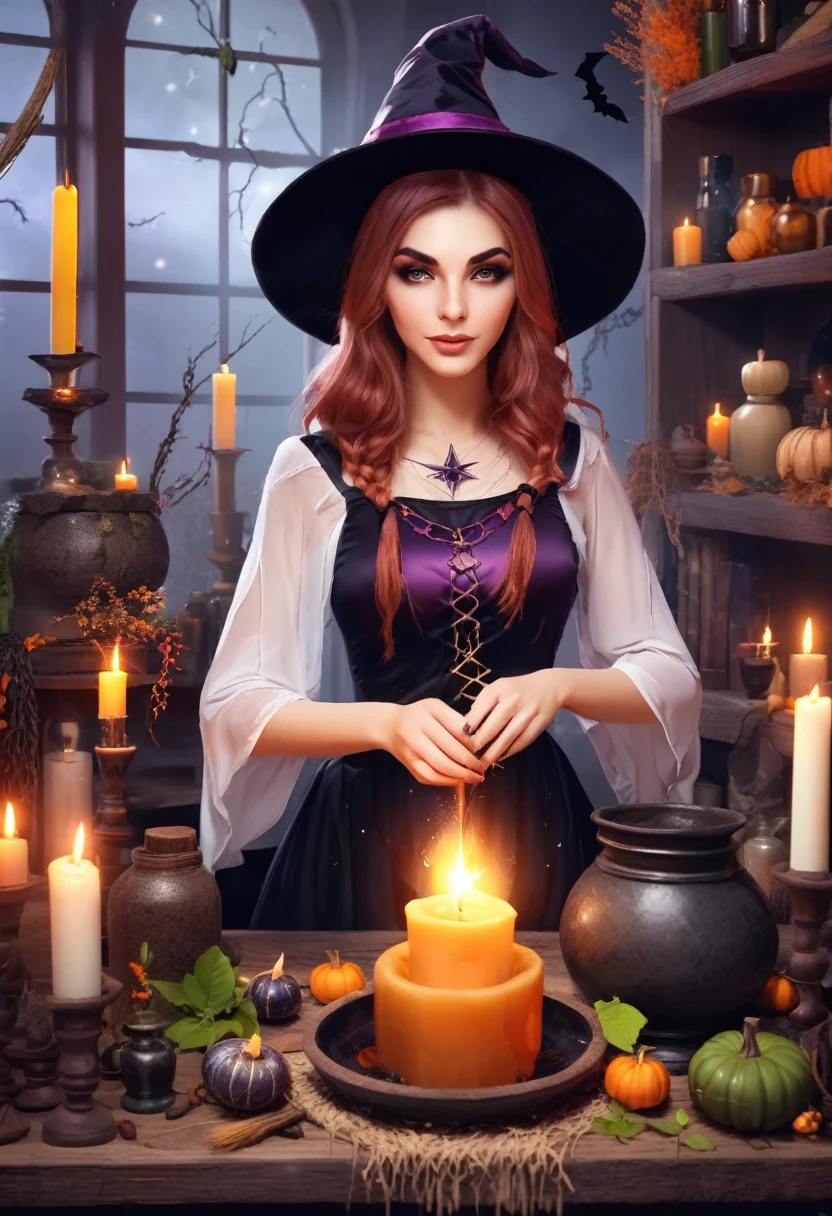 Beautiful witch girl making witchcraft