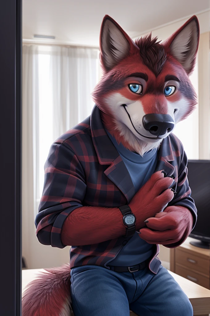 Ivan Fedorovich Wolfbach (Novosibirsk) ,tall handsome, wolf,young, 24 years, brown fur,Kind,(red body:1.3),beautiful blue eyes,Novosibirsk,dressed, plaid shirt, jeans,canine, wolf, detailed fur, male,paw pads, finger claws,At the viewer, 5 fingers, paws, 5 fingers, smile, wrist watch, т nextel,by xenoforge, (difficult, high detail, digital photography, soft focus, RAW variety дома, apartment,TV,wall,TV,Very close to the camera, variety,Novosibirsk, smile, good mood, positive, Very close to the camera, plaid shirt, blazer, 
Photorealism, realistic, photorealistic, digital style, Subsurface scattering,I look at the viewer,is sitting, looks at the mirror, men's cosmetics, perfume perfumery, plaid shirt, 
masterpiece, Best quality, ultra realistic, 8 thousand.)