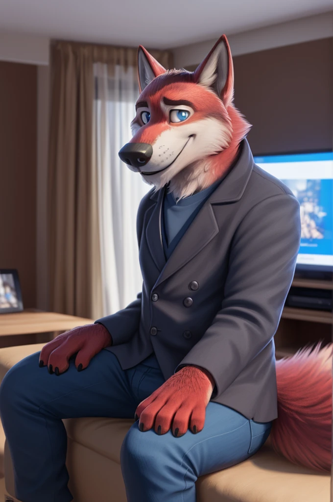 Ivan Fedorovich Wolfbach (Novosibirsk) ,tall handsome, wolf,young, 24 years, brown fur,Kind,(red body:1.3),beautiful blue eyes,Novosibirsk,dressed, plaid shirt, jeans,canine, wolf, detailed fur, male,paw pads, finger claws,At the viewer, 5 fingers, paws, 5 fingers, smile, wrist watch, т nextel,by xenoforge, (difficult, high detail, digital photography, soft focus, RAW variety дома, apartment,TV,wall,TV,Very close to the camera, variety,Novosibirsk, smile, good mood, positive, Very close to the camera, plaid shirt, blazer,
Photorealism, realistic, photorealistic, digital style, Subsurface scattering,I look at the viewer,is sitting, looks at the mirror, men's cosmetics, perfume perfumery, plaid shirt,
masterpiece, Best quality, ultra realistic, 8 thousand.)
