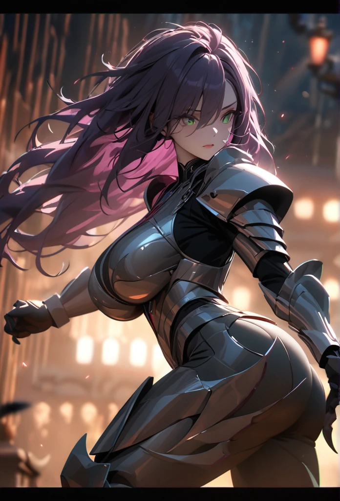 (solo), purple hair, messy hair, mane hair, extra long hair, dense hair, wild hair, expressive hair, mature,(25 year old), pale skin, green eyes, ((man)), wearing a silver armor, armored arms, armored legs, claws,, huge breast, big ass, beautiful, attractive, eye reflection, depth of field, thunder aura,cinematic lighting, ray tracing, depth of field, cinematic lighting, ray tracing, UHD, high details, best quality, highres, high quality, award winning, super detail, masterpiece, 8k, UHD, high details, best quality, highres, high quality, award winning, super detail, masterpiece, 8k, digital art, anime coloring, body shot, good face, perfect face, detailed face, good eyes