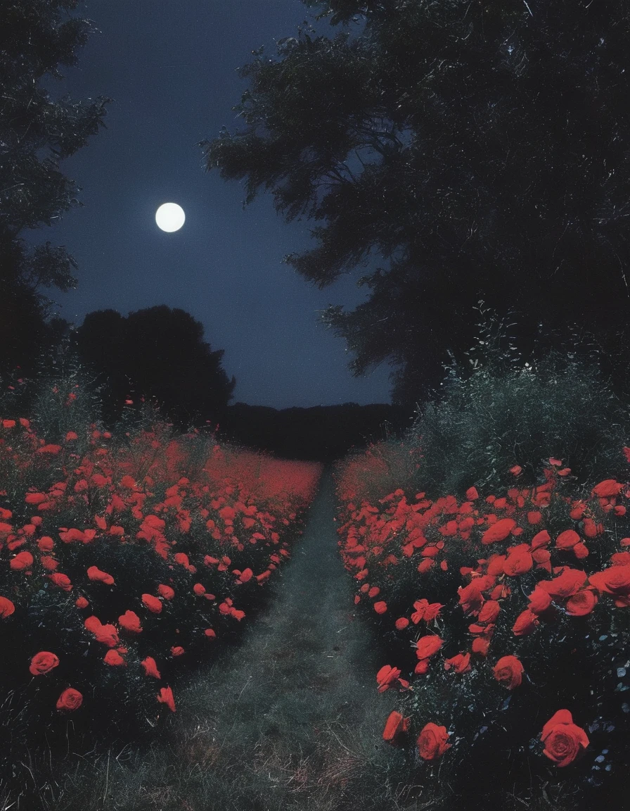 film photography, vintage, long view of red roses field, blue dark forest night background
