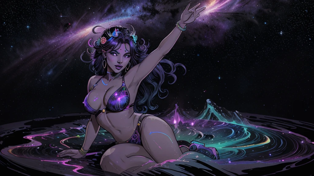 In a kaleidoscopic realm of swirling iridescent stardust and blazing neon nebulae, the celestial enchantress Grace holds rapturous dominion. Her incandescent form outshines the brilliance of quasars.
Grace's divine visage is haloed by ethereal obsidian tresses cascading down her curvaceous silhouette. Her smoldering indigo eyes penetrate any who behold their kaleidoscopic depths.
The enchantress's prismatic garments radiate the full spectrum across her sensuous curves. Diaphanous crimson, ultraviolet, and violet robes spiral in a chromatic vortex. Stardust swirls crown her as the  of beguiling chromatic allure.
Her chromatic domain births new realms of dazzling color - fuchsia nebulae amid emerald stellar nurseries shower azure stars. Colliding amber and turquoise galaxies birth ultraviolet and indigo splendor.
Though her chromatic temptation could overwhelm mortals, Grace's power lies in nurturing radiance. Weaving prismatic strands, she infuses newborn celestial bodies with infinite potential. Obsidian lips seem to breathe the secrets of rainbows.
In this blinding, coruscating realm, the smoldering yet fully-clothed celestial enchantress Grace reigns supreme. Her irresistible kaleidoscopic allure fuels perpetual dazzling creation and rebirth throughout the cosmos.