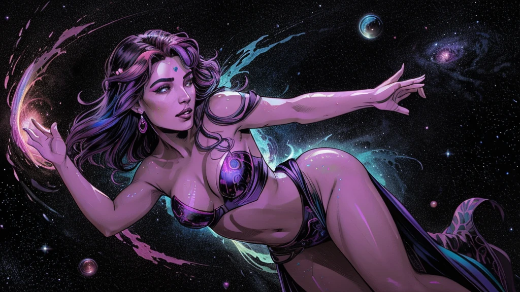 In a kaleidoscopic realm of swirling iridescent stardust and blazing neon nebulae, the celestial enchantress Grace holds rapturous dominion. Her incandescent form outshines the brilliance of quasars.
Grace's divine visage is haloed by ethereal obsidian tresses cascading down her curvaceous silhouette. Her smoldering indigo eyes penetrate any who behold their kaleidoscopic depths.
The enchantress's prismatic garments radiate the full spectrum across her sensuous curves. Diaphanous crimson, ultraviolet, and violet robes spiral in a chromatic vortex. Stardust swirls crown her as the  of beguiling chromatic allure.
Her chromatic domain births new realms of dazzling color - fuchsia nebulae amid emerald stellar nurseries shower azure stars. Colliding amber and turquoise galaxies birth ultraviolet and indigo splendor.
Though her chromatic temptation could overwhelm mortals, Grace's power lies in nurturing radiance. Weaving prismatic strands, she infuses newborn celestial bodies with infinite potential. Obsidian lips seem to breathe the secrets of rainbows.
In this blinding, coruscating realm, the smoldering yet fully-clothed celestial enchantress Grace reigns supreme. Her irresistible kaleidoscopic allure fuels perpetual dazzling creation and rebirth throughout the cosmos.