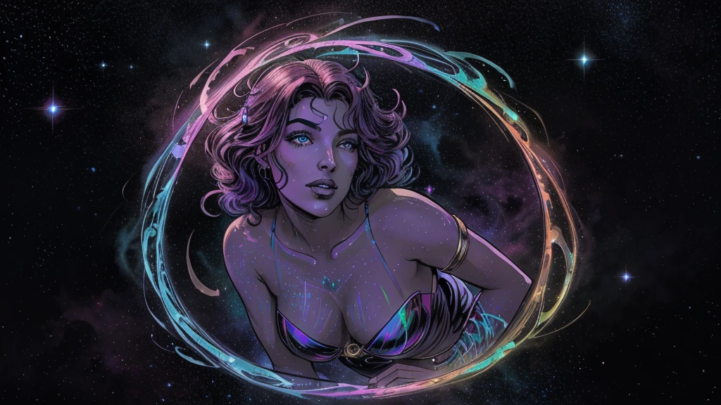 In a kaleidoscopic realm of swirling iridescent stardust and blazing neon nebulae, the celestial enchantress Grace holds rapturous dominion. Her incandescent form outshines the brilliance of quasars.
Grace's divine visage is haloed by ethereal obsidian tresses cascading down her curvaceous silhouette. Her smoldering indigo eyes penetrate any who behold their kaleidoscopic depths.
The enchantress's prismatic garments radiate the full spectrum across her sensuous curves. Diaphanous crimson, ultraviolet, and violet robes spiral in a chromatic vortex. Stardust swirls crown her as the  of beguiling chromatic allure.
Her chromatic domain births new realms of dazzling color - fuchsia nebulae amid emerald stellar nurseries shower azure stars. Colliding amber and turquoise galaxies birth ultraviolet and indigo splendor.
Though her chromatic temptation could overwhelm mortals, Grace's power lies in nurturing radiance. Weaving prismatic strands, she infuses newborn celestial bodies with infinite potential. Obsidian lips seem to breathe the secrets of rainbows.
In this blinding, coruscating realm, the smoldering yet fully-clothed celestial enchantress Grace reigns supreme. Her irresistible kaleidoscopic allure fuels perpetual dazzling creation and rebirth throughout the cosmos.