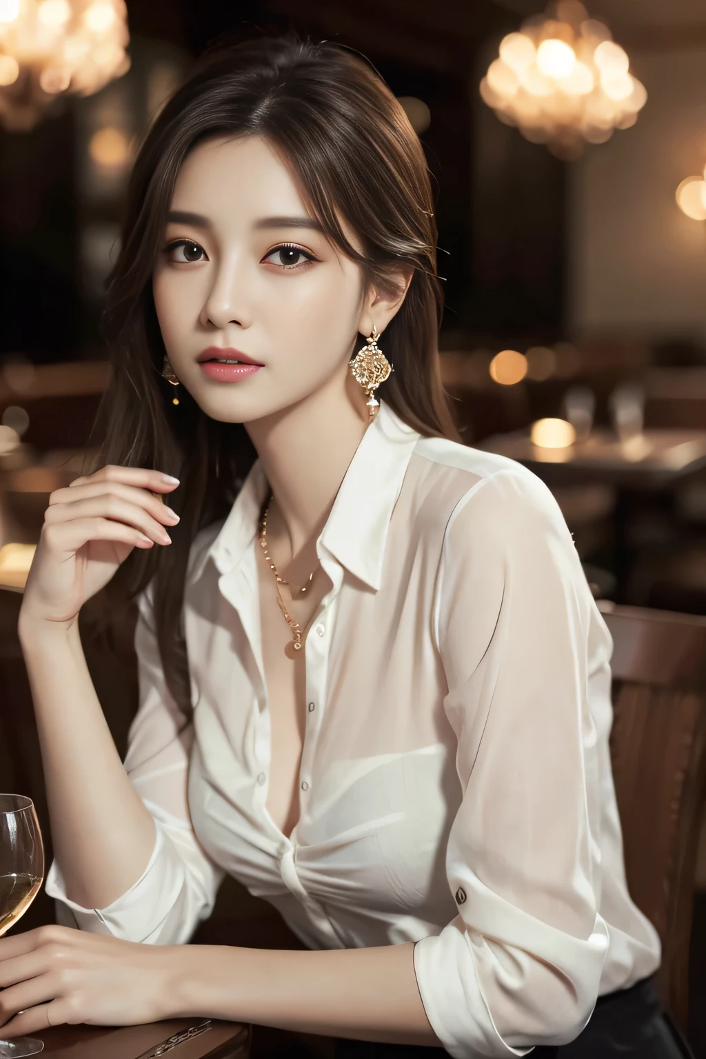 masterpiece, Highest quality, Realistic, Very detailed, Finer details, High resolution, 8k wallpaper, One beautiful woman, Wear an elegant see-through shirt, In a great restaurant, At night, Light brown messy hair, Perfect dynamic composition, Beautiful and beautiful eyes、Big earrings、Sit on a chair、