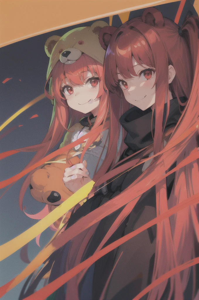 Girl in a bear costume、Hair color: gold、long hair、
Wavy hair、Red eyes、smile