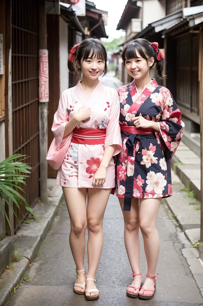 2 girls standing in old-Japanese street,floral pink yukata with red obi,18-year-old,bangs,a little smile,thighs,knees,short hair and low pigtails with red ribbon bow,from before,front light