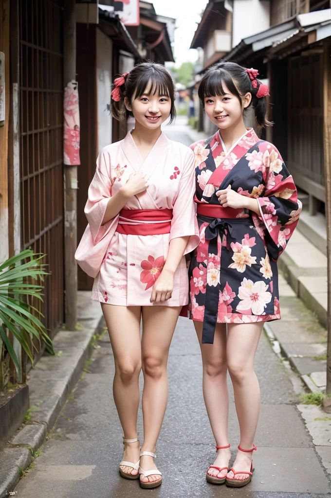 2 girls standing in old-Japanese street,floral pink yukata with red obi,18-year-old,bangs,a little smile,thighs,knees,short hair and low pigtails with red ribbon bow,from before,front light