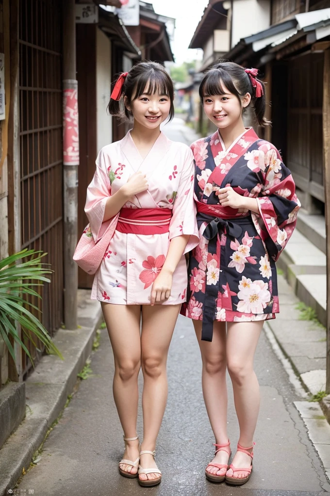 2 girls standing in old-Japanese street,floral pink yukata with red obi,18-year-old,bangs,a little smile,thighs,knees,short hair and low pigtails with red ribbon bow,from before,front light