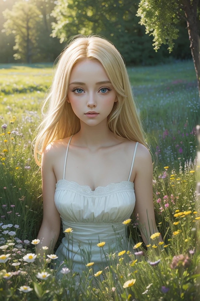 blonde, big eyes, meadow with flowers flooded with light, hyperrealism, detailing, high quality, A glade of flowers,