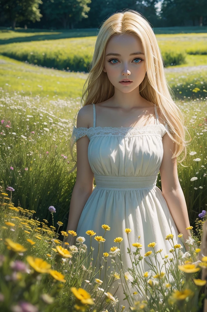 blonde, big eyes, meadow with flowers flooded with light, hyperrealism, detailing, high quality, A glade of flowers,