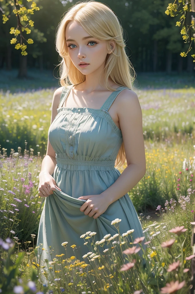 blonde, big eyes, meadow with flowers flooded with light, hyperrealism, detailing, high quality, A glade of flowers,