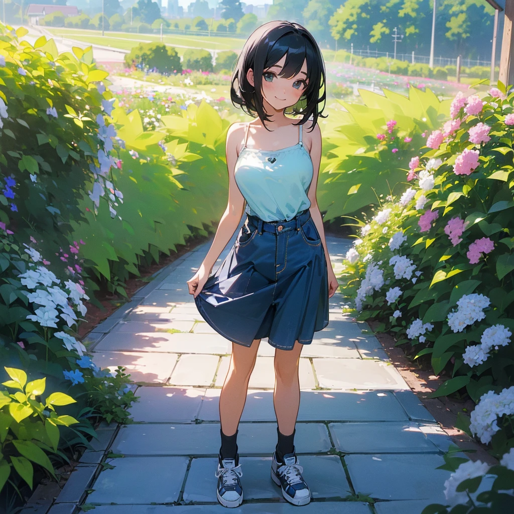 (high quality, High resolution, Very detailed, reality:1.37), Peaceful atmosphere, (Outdoor, garden), Teenage girl standing alone, (my breasts are big.), Beautiful details, Cute Smile, (Black bob hair), camisole, Denim skirt, Blue socks, sneakers.