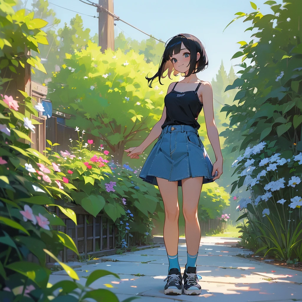 (high quality, High resolution, Very detailed, reality:1.37), Peaceful atmosphere, (Outdoor, garden), Teenage girl standing alone, (my breasts are big.), Beautiful details, Cute Smile, (Black bob hair), camisole, Denim skirt, Blue socks, sneakers.