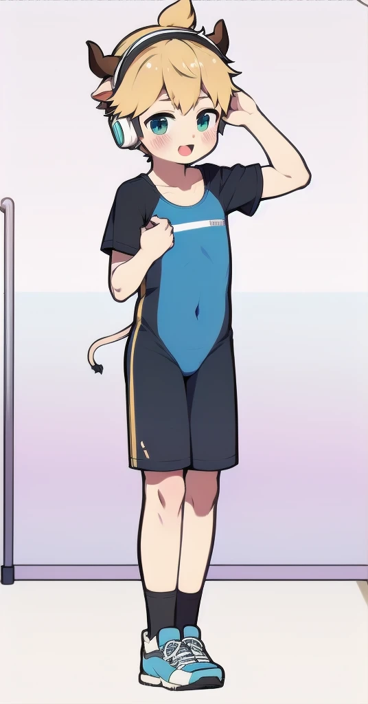 Second dimension boy ager,One-piece mountaineering suit,horn,Cow ears,Put the headphones on your head,stand up,goggles,sports shoes,Slim,White knee socks,Short sleeve shorts,Leg ring,cute,happy,classroom,