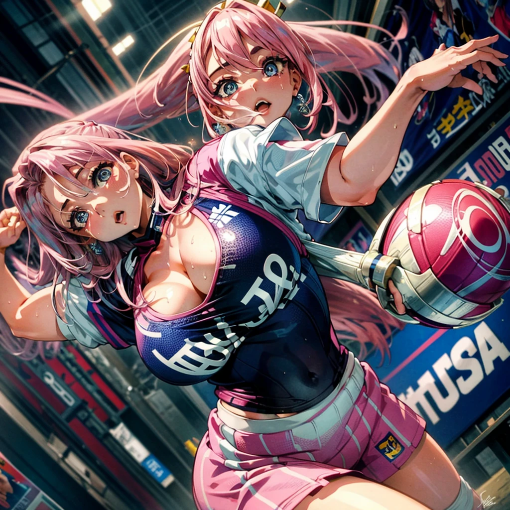 The most beautiful and sexy rugby player girl, pink hair, blue eyes, wearing highly detailed and sexy rugby uniform, huge gigantic , cleavage showing, holding a rugby ball, highly detailed background, perfect masterpiece, high quality, high resolution