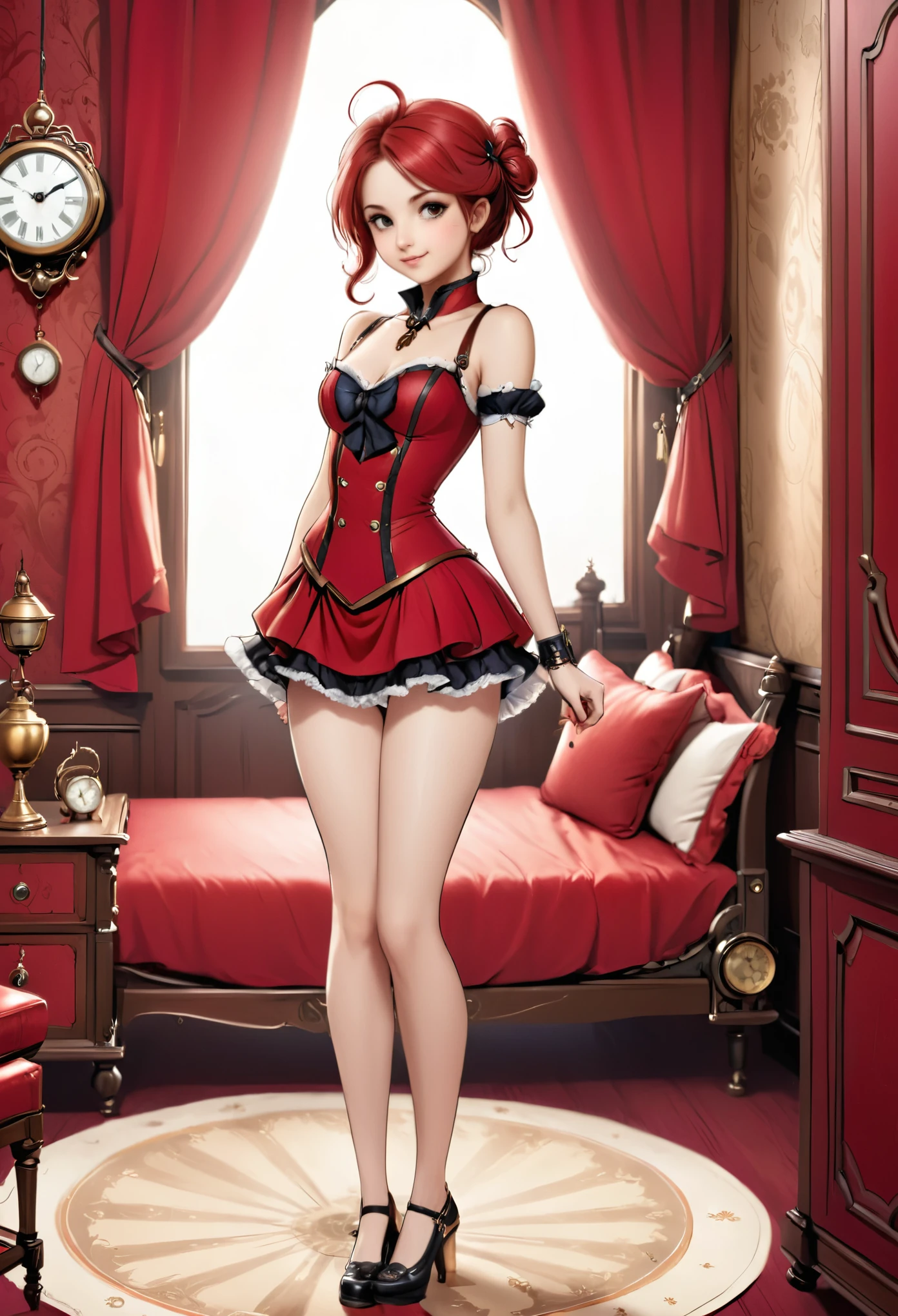 (Realistic:1.4), high quality, 8K Ultra HD, highly detailed, clean line art, detailed background, mix of bold dark lines and loose lines, whole body, full length picture of cute magical woman, the background is a detailed red bedroom in steampunk style, clean line digital illustration in anime style