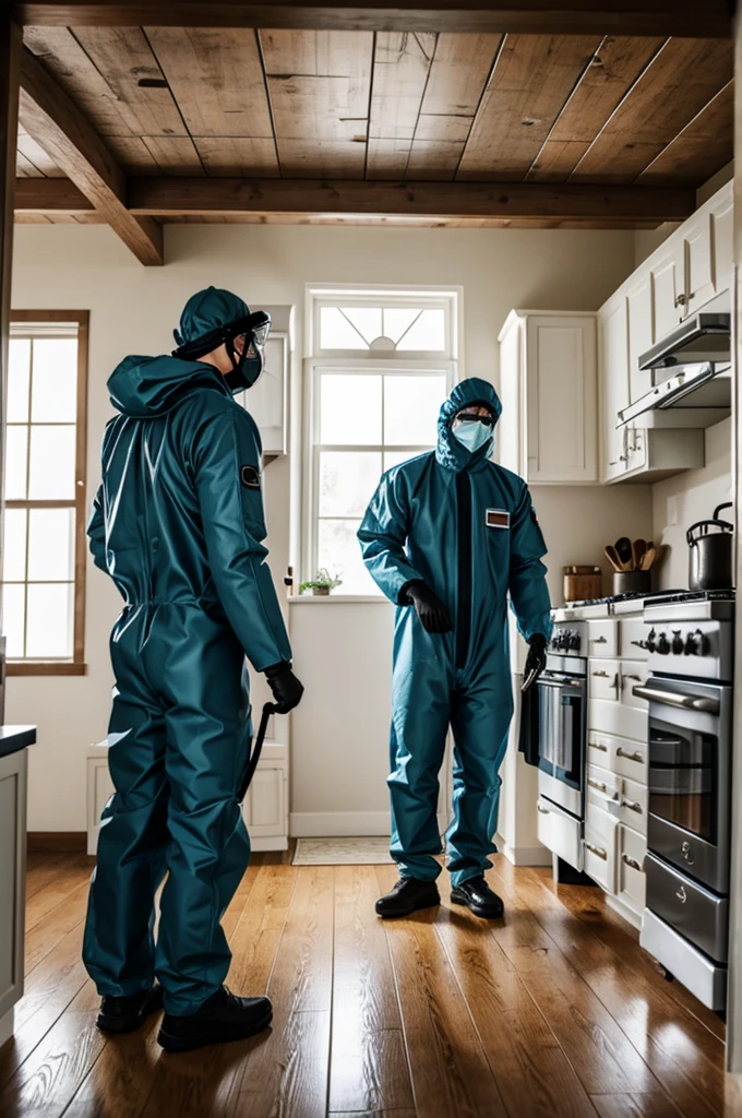 Man in anti-gas suit fumigating a kitchen