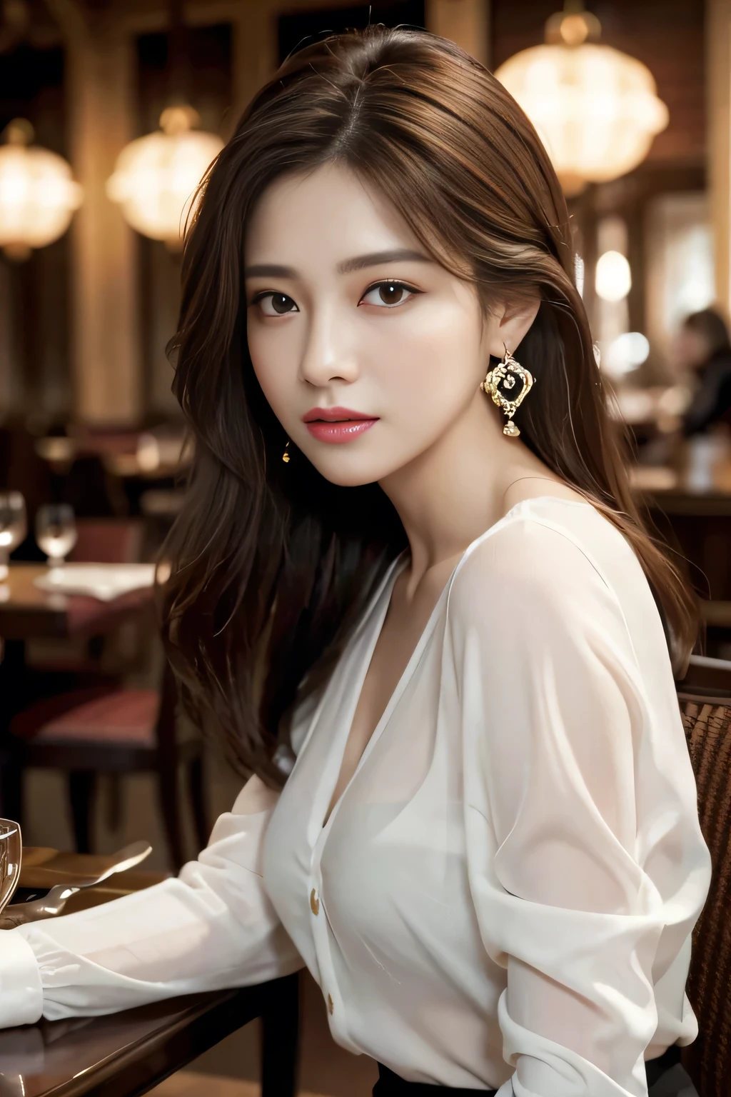 masterpiece, Highest quality, Realistic, Very detailed, Finer details, High resolution, 8k wallpaper, One beautiful woman, Wear an elegant see-through shirt, In a great restaurant, At night, Light brown messy hair, Perfect dynamic composition, Beautiful and beautiful eyes、Big earrings、Sit on a chair、