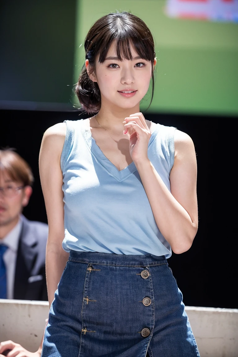 (8K, RAW Photos, Highest quality, masterpiece:1.2), Very detailed, Super Resolution, (Realistic, Realistic Photo:1.37), Portraiture, High-resolution RAW color photos, Professional photos, Very detailedで美新しい, Very detailed, 8K壁紙, Amazing details, Large file size, Official Art, highly detailed CG unity 8K壁紙, Very detailed美少女, Very detailed顔, Very detailed目, Very detailed肌, Very detailed指, Very detailed鼻, Very detailed詳細な口 , Perfect Anatomy, Very detailed背景, Very detailed衣服, 1 Girl, 20th year, Cute girl, Realistic body, small, Fair skin, Glowing Skin , Black Hair , Curly Hair、 smile, Cute face, Realistic face, Delicate eyes, Sleeveless、V-neck blue mini skirt dress, Looking at the audience, Cowboy Shot, Dynamic Lighting,