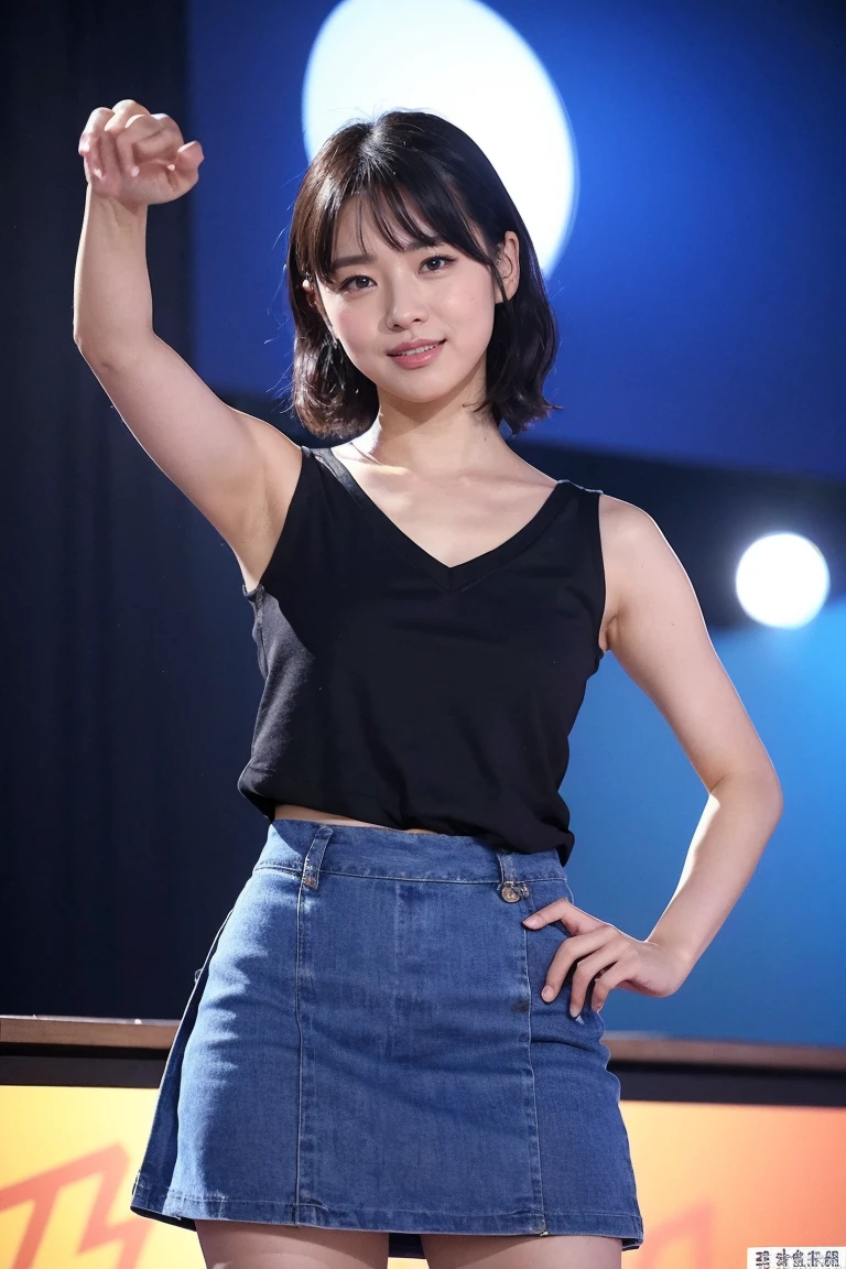 (8K, RAW Photos, Highest quality, masterpiece:1.2), Very detailed, Super Resolution, (Realistic, Realistic Photo:1.37), Portraiture, High-resolution RAW color photos, Professional photos, Very detailedで美新しい, Very detailed, 8K壁紙, Amazing details, Large file size, Official Art, highly detailed CG unity 8K壁紙, Very detailed美少女, Very detailed顔, Very detailed目, Very detailed肌, Very detailed指, Very detailed鼻, Very detailed詳細な口 , Perfect Anatomy, Very detailed背景, Very detailed衣服, 1 Girl, 20th year, Cute girl, Realistic body, small, Fair skin, Glowing Skin , Black Hair , Curly Hair、 smile, Cute face, Realistic face, Delicate eyes, Sleeveless、V-neck blue mini skirt dress, Looking at the audience, Cowboy Shot, Dynamic Lighting,