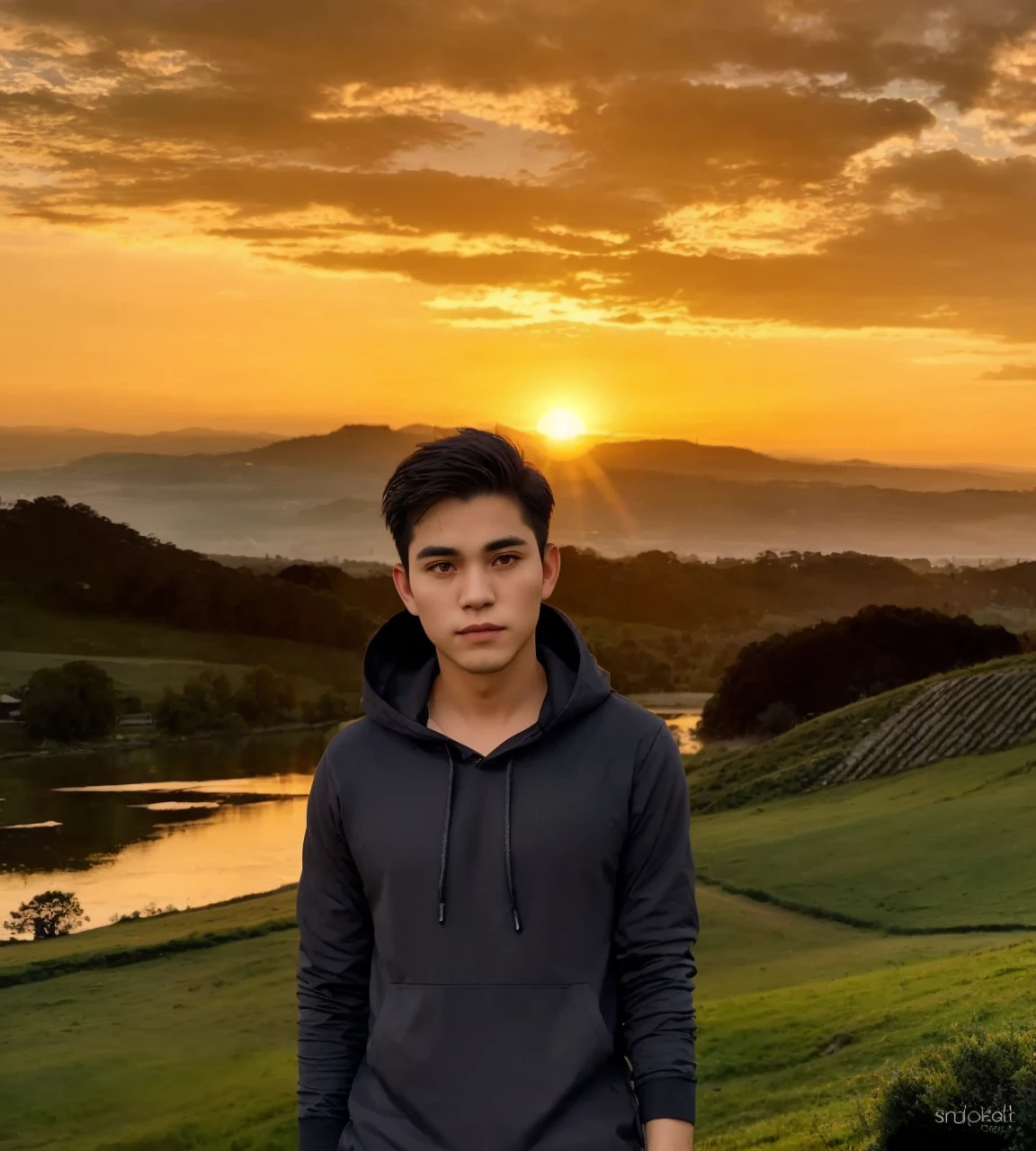 full body,  a handsome man was standing in the middle of a beautiful view, The background is a twilight atmosphere with a sunset behind