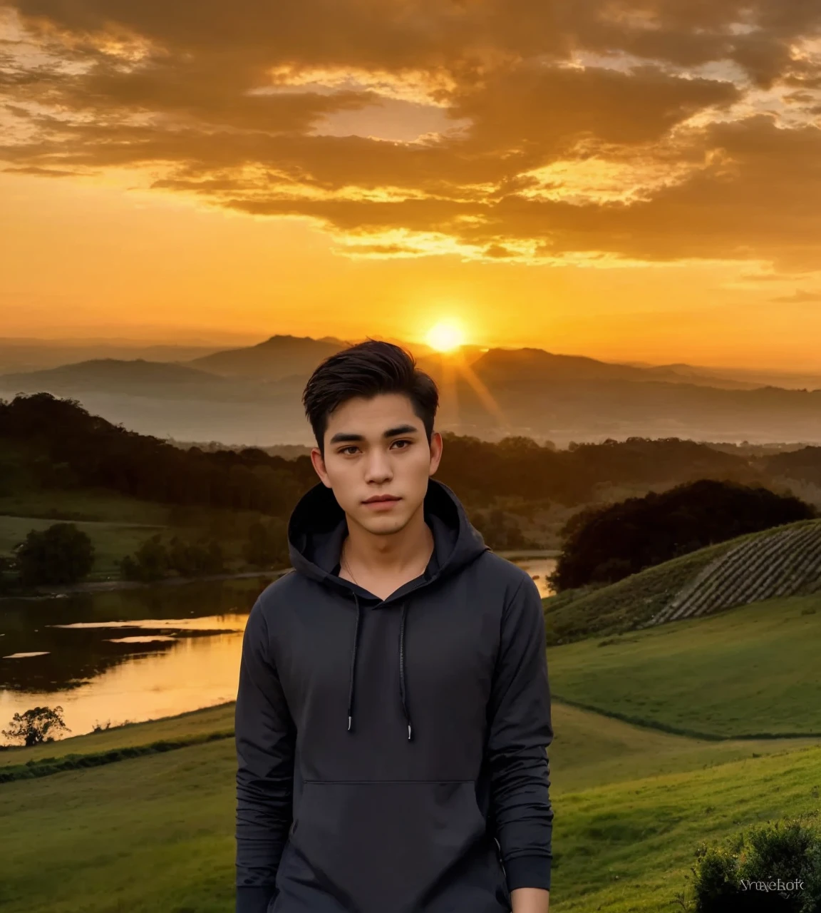 full body, a handsome man was standing in the middle of a beautiful view, The background is a twilight atmosphere with a sunset behind