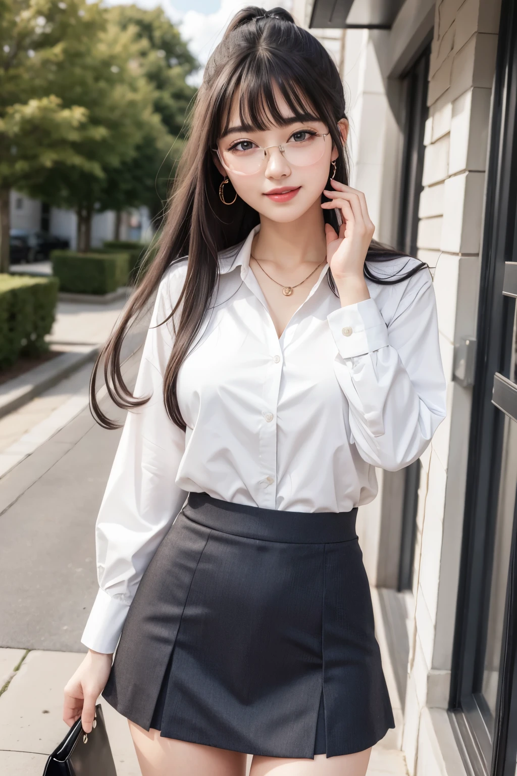 (Best quality, masterpiece, detailed), (RAW, 4k, hd images), shy, 1 girl, , white skin, long hair, ponytail, layers hair, bangs, black hair, beautiful girl, cute girl, sweet girl, pretty girl, perfect girl, pretty eyes, blue eyes, thin lips, thin, (eye line, lip stick soft) perfect , glasses(detailed frame), outdoors, smile, thigh, formal clothes, short skirt