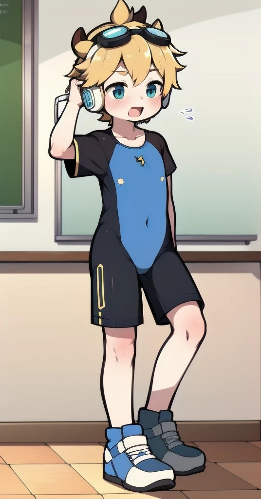 Second dimension boy teenager，One-piece mountaineering suit，horn，Cow ears，Put the headphones on your head，stand up，goggles，sports shoes，Slim，White knee socks，Short sleeve shorts，Leg ring，cute，happy，classroom，moan