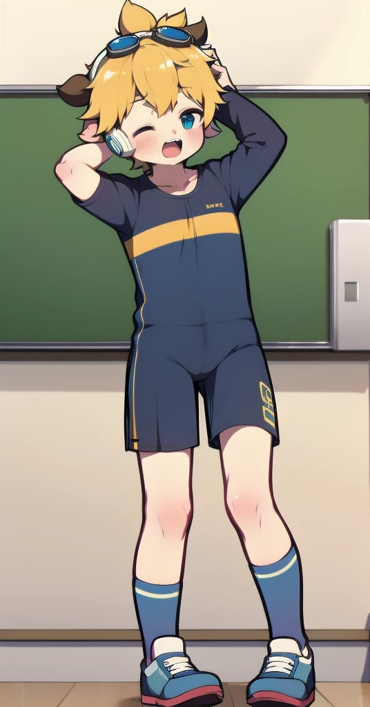 Second dimension boy teenager,One-piece mountaineering suit,horn,Cow ears,Put the headphones on your head,stand up,goggles,sports shoes,Slim,White knee socks,Short sleeve shorts,Leg ring,cute,happy,classroom,moan