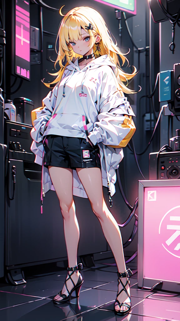 a girl with long yellow hair, blue eyes, wearing an orange hoodie and black heels, in a cyberpunk setting with her hand in her pocket, pink background