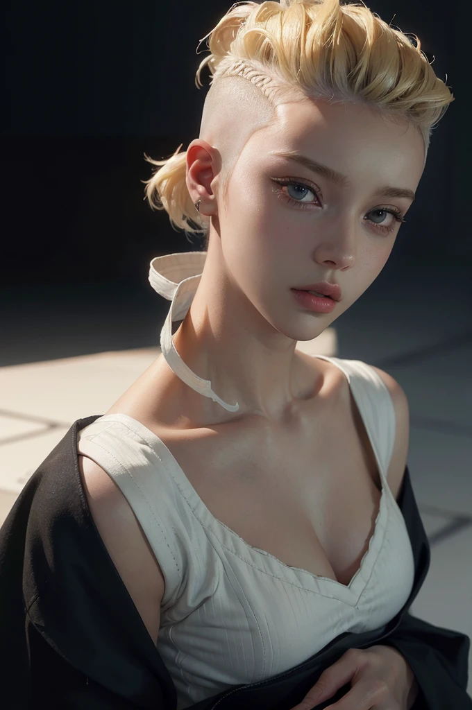 a 20 yo woman, blonde, (hi-top fade:1.3), dark theme, soothing tones, muted colors, high contrast, (natural skin texture, hyperrealism, soft light, sharp)
