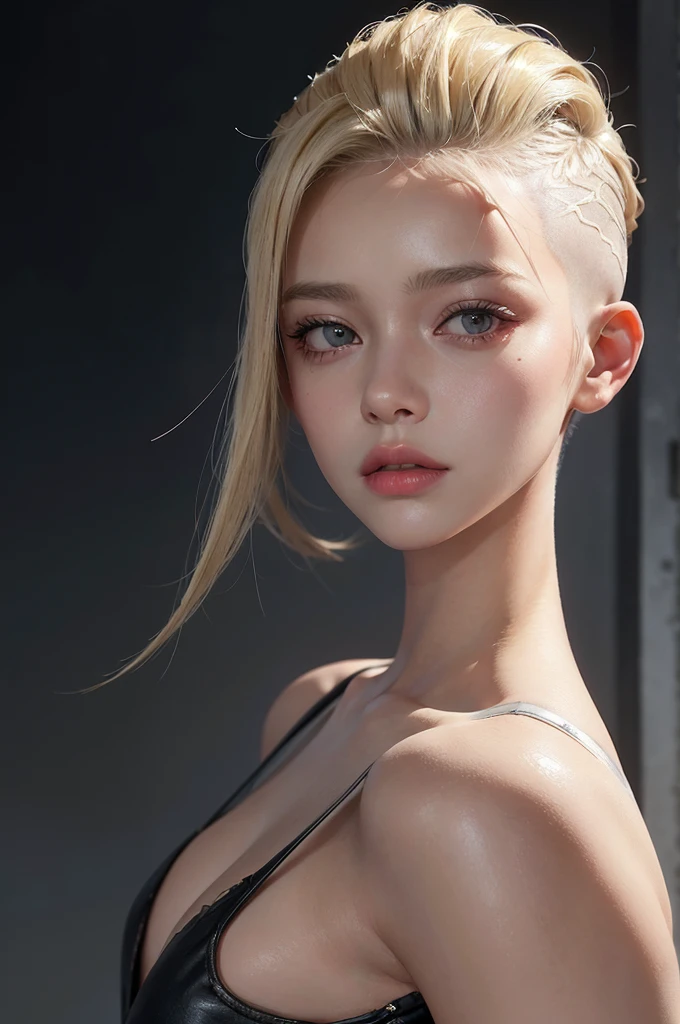 a 20 yo woman, blonde, (hi-top fade:1.3), dark theme, soothing tones, muted colors, high contrast, (natural skin texture, hyperrealism, soft light, sharp)