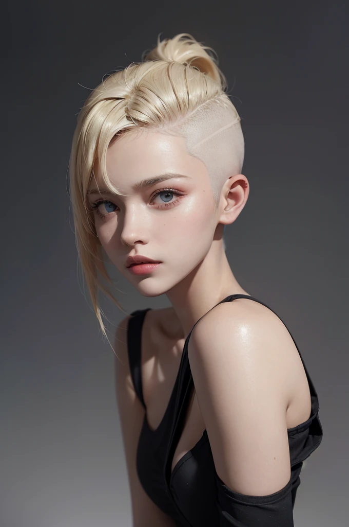 a 20 yo woman, blonde, (hi-top fade:1.3), dark theme, soothing tones, muted colors, high contrast, (natural skin texture, hyperrealism, soft light, sharp)