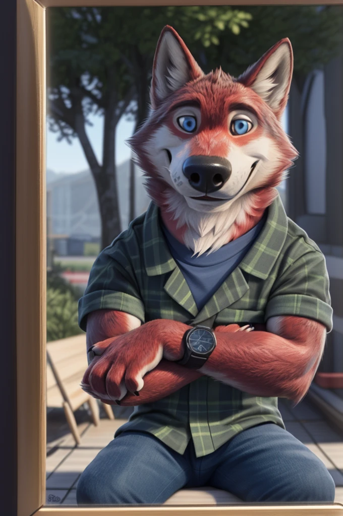 Ivan Fedorovich Wolfbach (Novosibirsk) ,tall handsome, wolf,young, 24 years, brown fur,Kind,(red body:1.3),beautiful blue eyes,Novosibirsk,dressed, plaid shirt, jeans,canine, wolf, detailed fur, male, second, paw pads, finger claws,At the viewer, 5 fingers, paws, 5 fingers, smile, wrist watch, т nextel,by xenoforge, (difficult, high detail, digital photography, soft focus, RAW,Is going to the shop, ,Very close to the camera, variety,Novosibirsk, smile, good mood, positive, Very close to the camera, plaid shirt,
Photorealism, realistic, photorealistic, digital style, Subsurface scattering,I look at the viewer,is sitting, looks at the mirror, men's cosmetics, perfume perfumery, plaid shirt,
masterpiece, Best quality, ultra realistic, 8 thousand.)