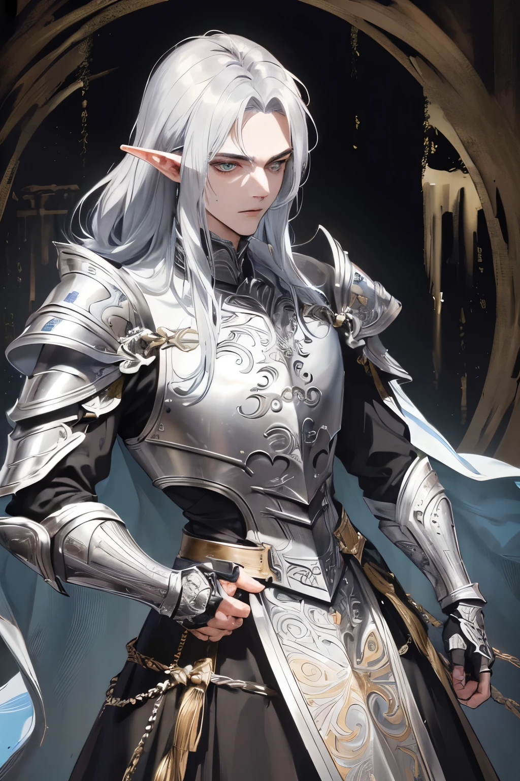 A 30-year-old adult man, adorned in detailed fantasy armor of an anime style, presents a captivating visual treat. His unshaven visage is framed by a silver mane, and his skin, a deep, rich black, adds an enigmatic allure. The armor, a masterpiece of intricate design, features dark mesh relief overlapping armor plates that exude a sense of strength and resilience. This half-elf warrior wears the armor with an air of seasoned elegance, his eyes, as bright and metallic as silver, reflecting a complex mix of wisdom and combat-hardened resolve. Despite the imposing appearance, there's a hint of