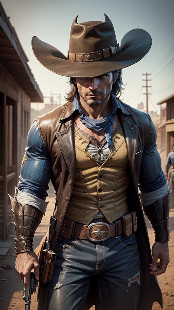 Batman in Wild West style, wearing Cowboys lather clothes, Cowboys hat and bring a pistol, in cowboy city, cinematic, extreem realistic, extreem detailed, extreem Sharp, super high resolution image, best quality photo,