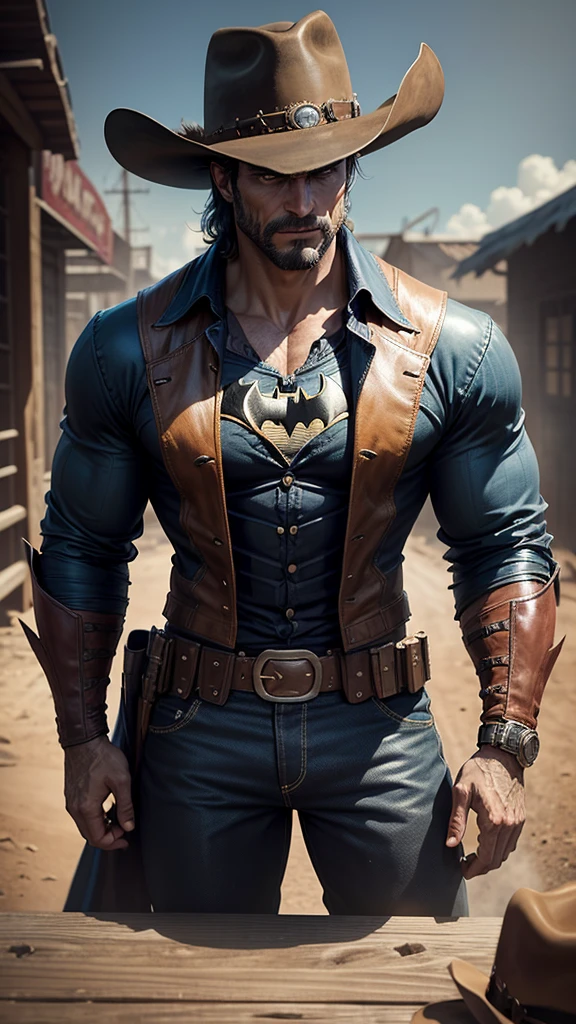 Batman in Wild West style, wearing Cowboys lather clothes, Cowboys hat and bring a pistol, in cowboy city, cinematic, extreem realistic, extreem detailed, extreem Sharp, super high resolution image, best quality photo,