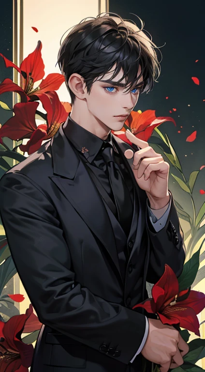 ((masterpiece)),(((best quality))), (detailed light) (detailed shadow), (high quality, breathtaking),(expressive eyes, perfect face), 1man, solo, male, tall, (mature), board shoulder, muscular, short black Quiff hair with Soft Fringe (bangs part on side 3:7 ratio), blue eyes, no smiling, black suit, black tie, Amaryllis flower background, flower petal flying, windy, look at viewer