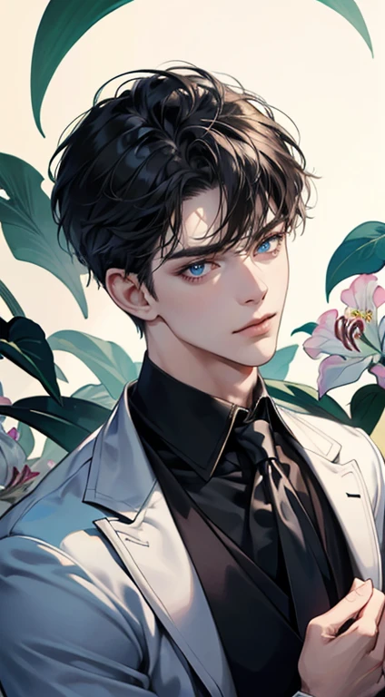 ((masterpiece)),(((best quality))), (detailed light) (detailed shadow), (high quality, breathtaking),(expressive eyes, perfect face), 1man, solo, male, tall, (mature), board shoulder, muscular, short black Quiff hair with Soft Fringe (bangs part on side 3:7 ratio), blue eyes, no smiling, black suit, black tie, Amaryllis flower background, flower petal flying, windy, look at viewer