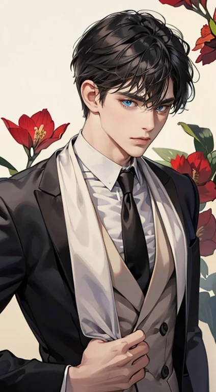 ((masterpiece)),(((best quality))), (detailed light) (detailed shadow), (high quality, breathtaking),(expressive eyes, perfect face), 1man, solo, male, tall, (mature), board shoulder, muscular, short black Quiff hair with Soft Fringe (bangs part on side 3:7 ratio), blue eyes, no smiling, black suit, black tie, Amaryllis flower background, flower petal flying, windy, look at viewer