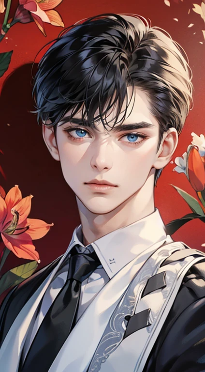 ((masterpiece)),(((best quality))), (detailed light) (detailed shadow), (high quality, breathtaking),(expressive eyes, perfect face), 1man, solo, male, tall, (mature), board shoulder, muscular, short black Quiff hair with Soft Fringe (bangs part on side 3:7 ratio), blue eyes, no smiling, black suit, black tie, Amaryllis flower background, flower petal flying, windy, look at viewer